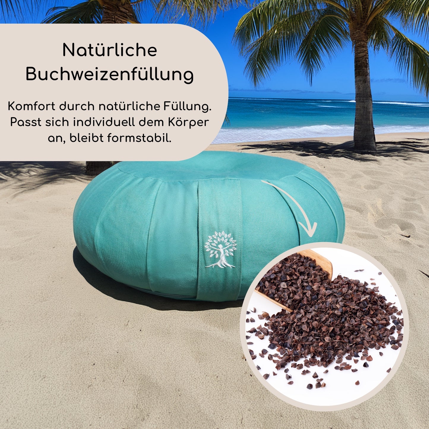 Meditationskissen Mahalo - Natürliche Buchweizenfüllung - Komfort durch natürliche Füllung. Passt sich individuell dem Körper an, bleibt formstabil.