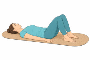 Somatic Yoga: Illustration einer Ruheposition in Rückenlage auf einer ovalen Korkmatte mit gebeugten Knien und aufgestellten Füßen