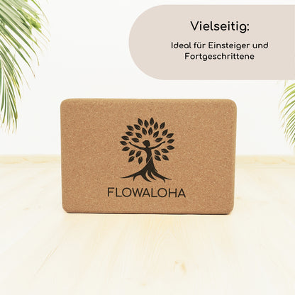 Kork Yogablock Nalani mit schwarzem Logo Vielseitig: Ideal für Einsteiger und Fortgeschrittene