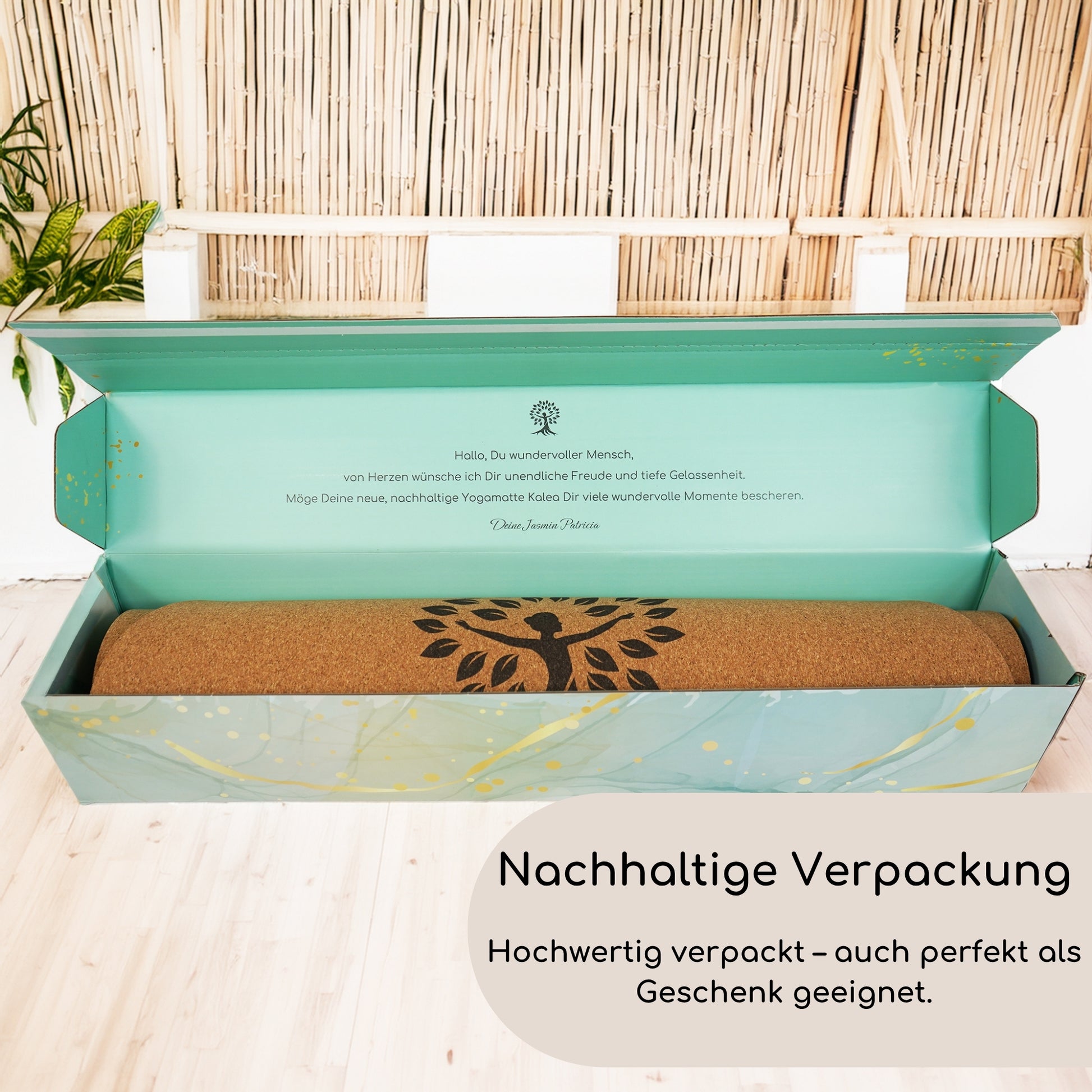Ovale Kork Yogamatte Kalea - Nachhaltige Verpackung - Hochwertig verpackt – auch perfekt als Geschenk geeignet.
