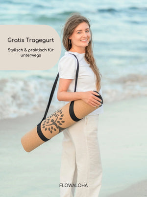 Die ovale Yogamatte Kork gibt es mit einem Gratis Tragegurt. Dieser ist stylisch und praktisch Unterwegs. Die Yogamatte oval ist rutschfest, gelenkschonend und nachhaltig. FLOWALOHA ist die neue Yoga Marke in Deutschland, gegründet von Jasmin Patricia Kremer. Die Yogamatte oval aus Kork ist einzigartig und deshalb so besonders. Bekannt ist die Marke von der YogaWorld, YogaAktuell und dem Sparkassen Gründerpreis BW 2024.