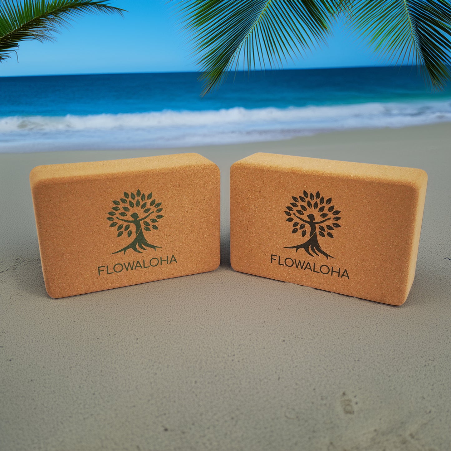 Yogablock Nalani aus Kork schwarzes und grünes Logo - hawaiianisch inspiriert