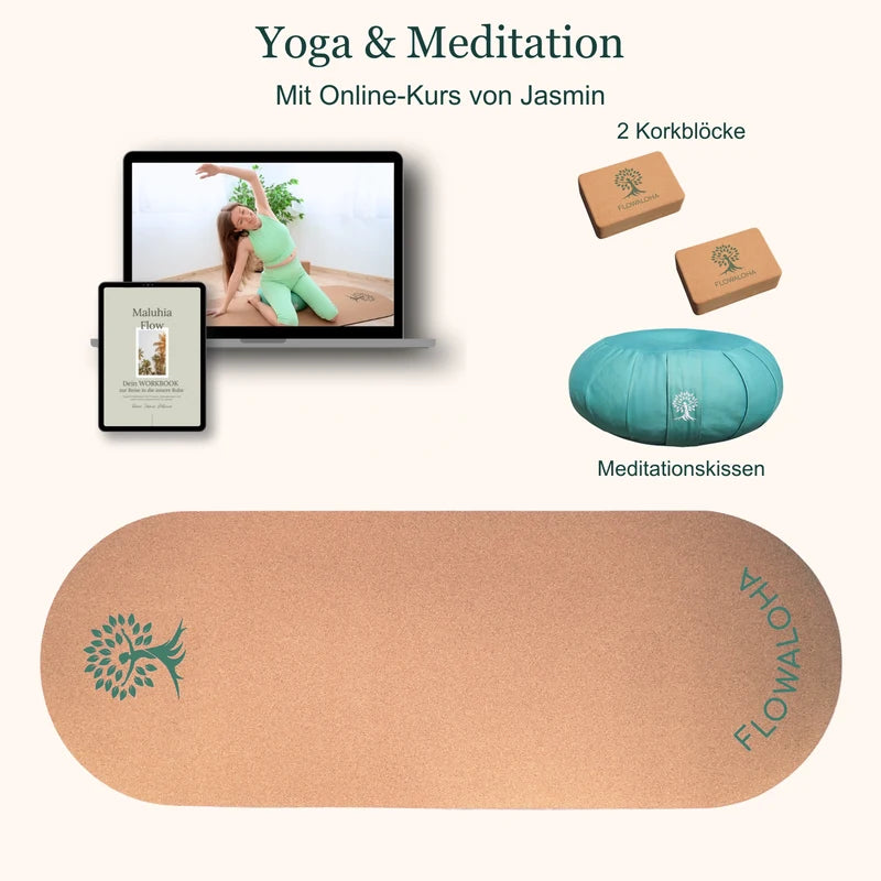Aloha-Set mit Kork-Yogamatte, zwei Korkblöcken, Meditationskissen und Bildschirmdarstellung des Onlinekurses mit Jasmin