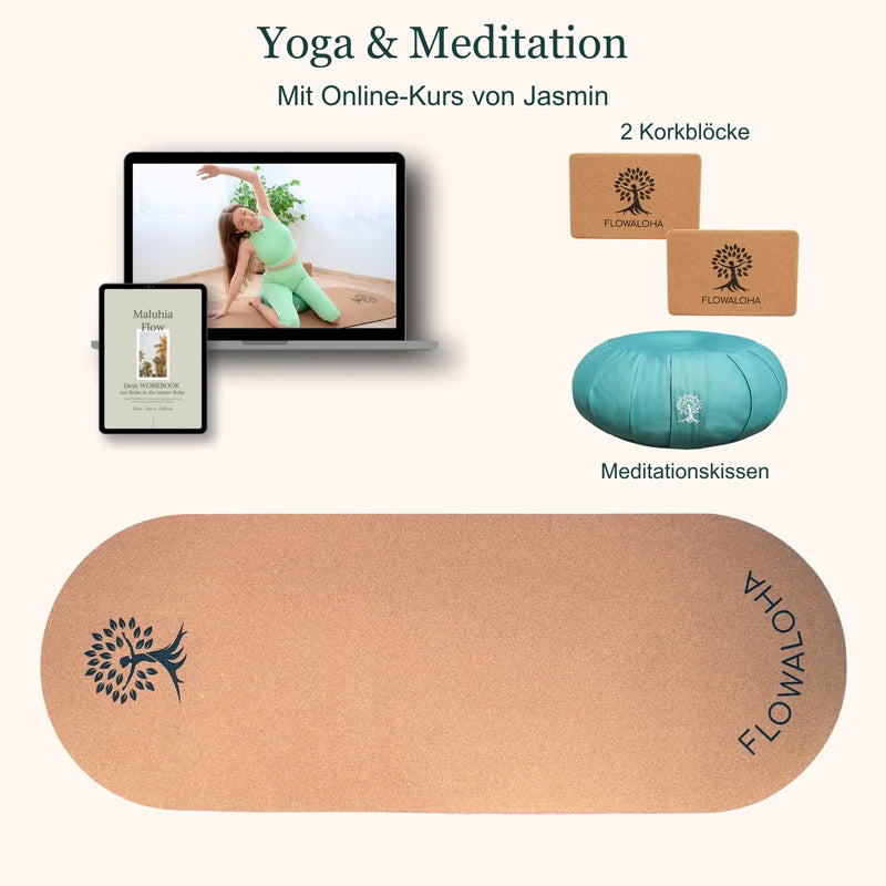 Aloha-Set mit Kork-Yogamatte, zwei Korkblöcken, Meditationskissen und Bildschirmdarstellung des Onlinekurses mit Jasmin