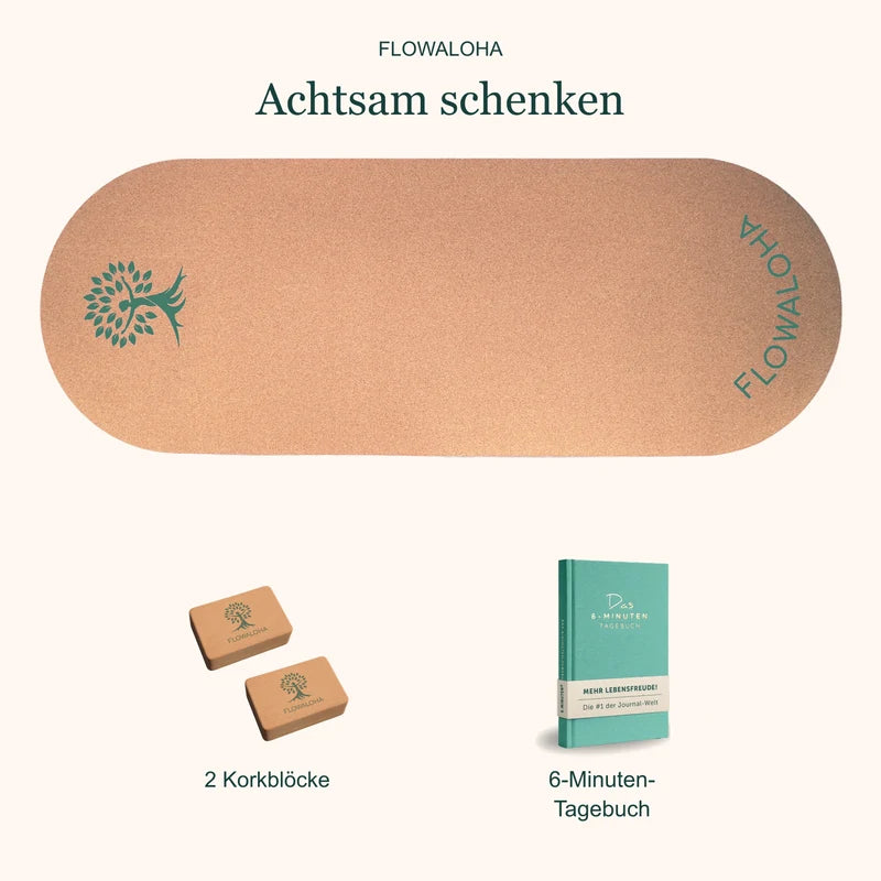 Geschenkset mit Kork-Yogamatte Kalea, zwei Korkblöcken, 6-Minuten-Tagebuch