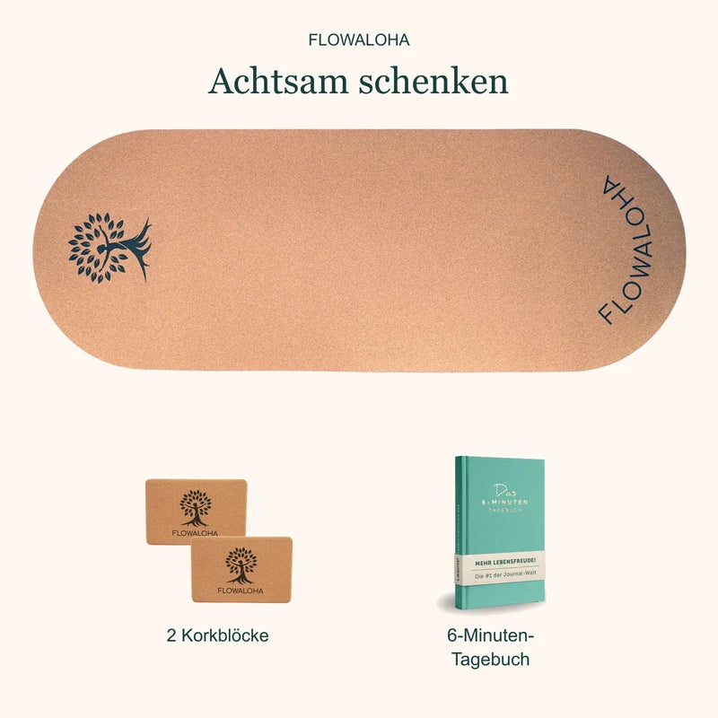 Geschenkset mit Kork-Yogamatte Kalea, zwei Korkblöcken, 6-Minuten-Tagebuch